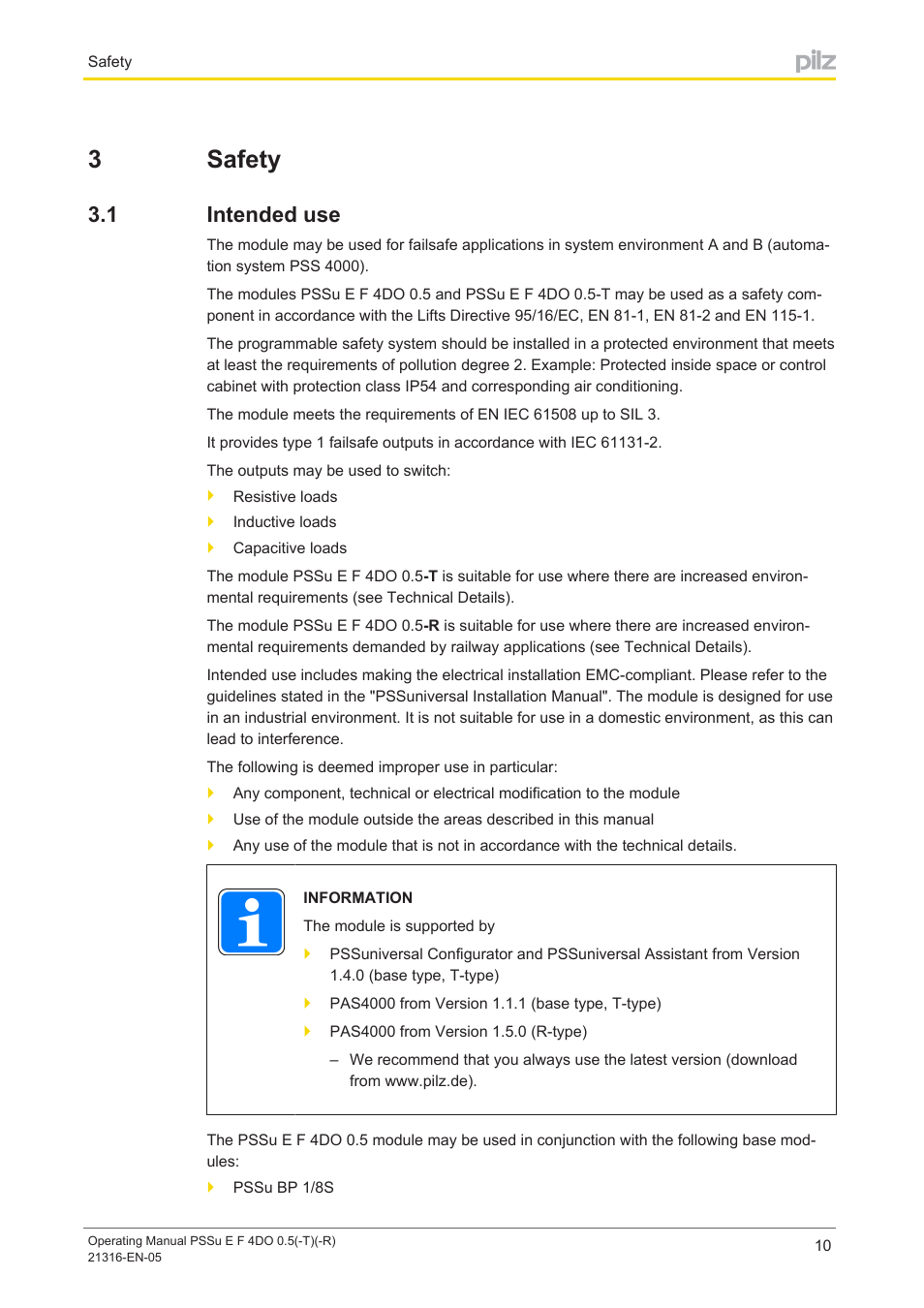 3 safety, 1 intended use, Section 3 | Safety, Intended use, 3safety | Pilz PSSu E F 4DO 0.5 User Manual | Page 10 / 40