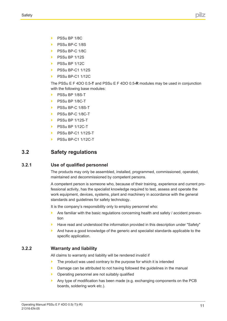 2 safety regulations, 1 use of qualified personnel, 2 warranty and liability | Safety regulations, Use of qualified personnel, Warranty and liability | Pilz PSSu E F 4DO 0.5 User Manual | Page 11 / 40