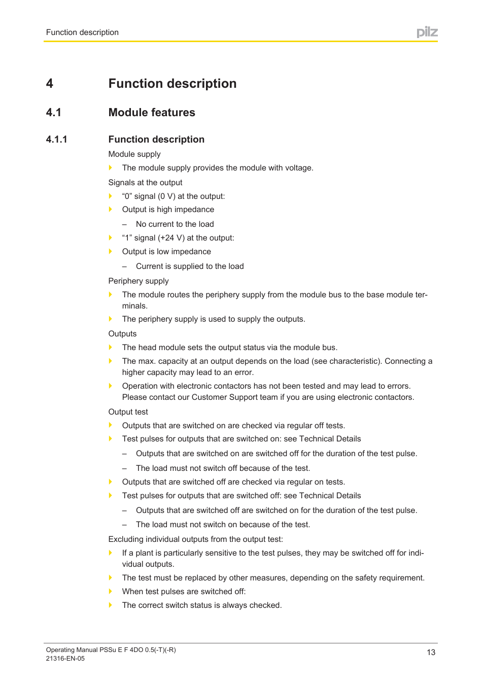 4 function description, 1 module features, 1 function description | Section 4, Function description, Module features, 4function description | Pilz PSSu E F 4DO 0.5 User Manual | Page 13 / 40