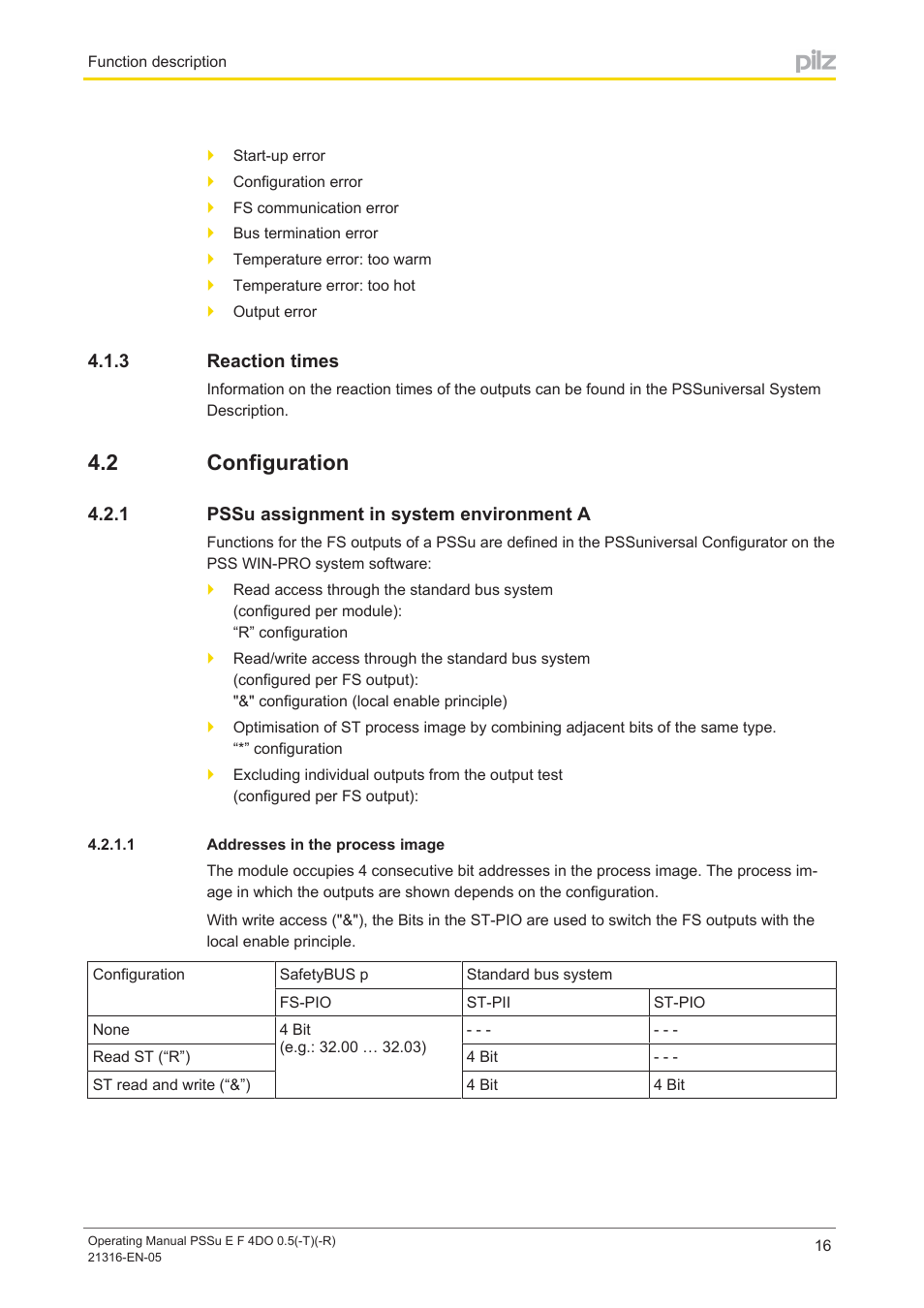 3 reaction times, 2 configuration, 1 pssu assignment in system environment a | 1 addresses in the process image, Reaction times, Configuration, Pssu assignment in system environment a, Addresses in the process image | Pilz PSSu E F 4DO 0.5 User Manual | Page 16 / 40