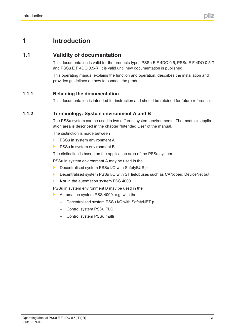 1 introduction, 1 validity of documentation, 1 retaining the documentation | 2 terminology: system environment a and b, Section 1, Introduction, Validity of documentation, Retaining the documentation, Terminology: system environment a and b, 1introduction | Pilz PSSu E F 4DO 0.5 User Manual | Page 5 / 40