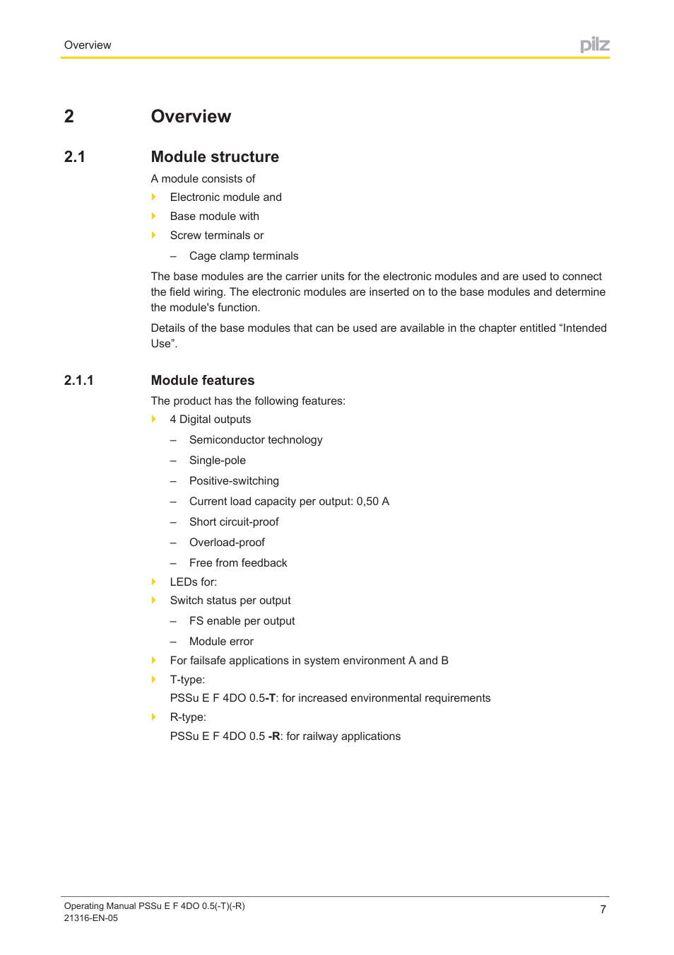 2 overview, 1 module structure, 1 module features | Section 2, Overview, Module structure, Module features, 2overview | Pilz PSSu E F 4DO 0.5 User Manual | Page 7 / 40