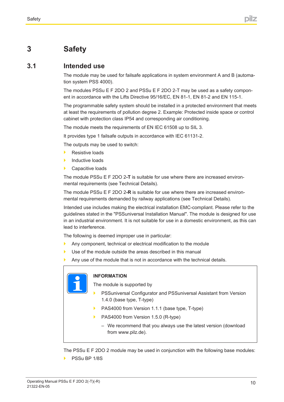 3 safety, 1 intended use, Section 3 | Safety, Intended use, 3safety | Pilz PSSu E F 2DO 2 User Manual | Page 10 / 38
