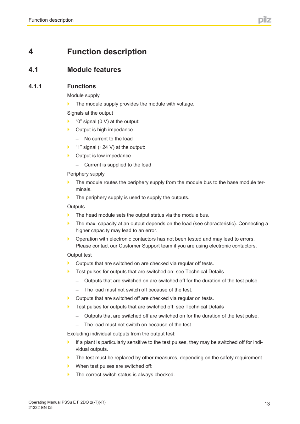 4 function description, 1 module features, 1 functions | Section 4, Function description, Module features, Functions, 4function description | Pilz PSSu E F 2DO 2 User Manual | Page 13 / 38