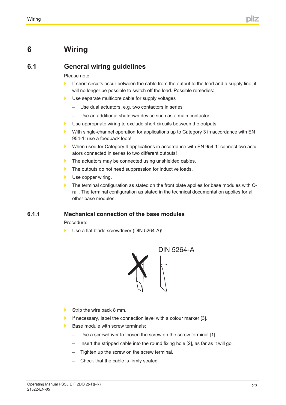 6 wiring, 1 general wiring guidelines, 1 mechanical connection of the base modules | Section 6, Wiring, General wiring guidelines, Mechanical connection of the base modules, 6wiring, Din 5264-a | Pilz PSSu E F 2DO 2 User Manual | Page 23 / 38