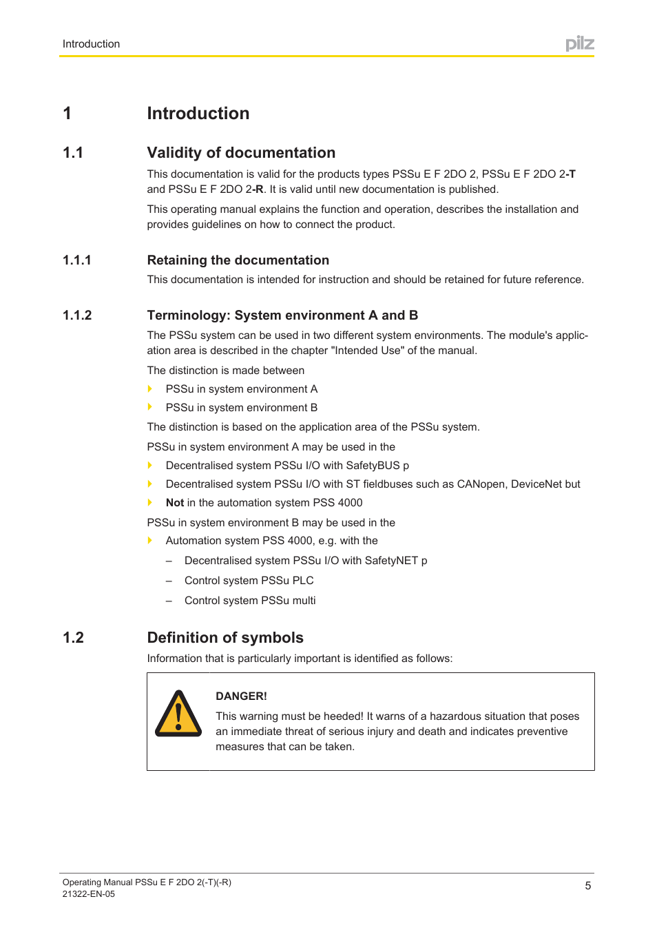 1 introduction, 1 validity of documentation, 1 retaining the documentation | 2 terminology: system environment a and b, 2 definition of symbols, Section 1, Introduction, Validity of documentation, Retaining the documentation, Terminology: system environment a and b | Pilz PSSu E F 2DO 2 User Manual | Page 5 / 38
