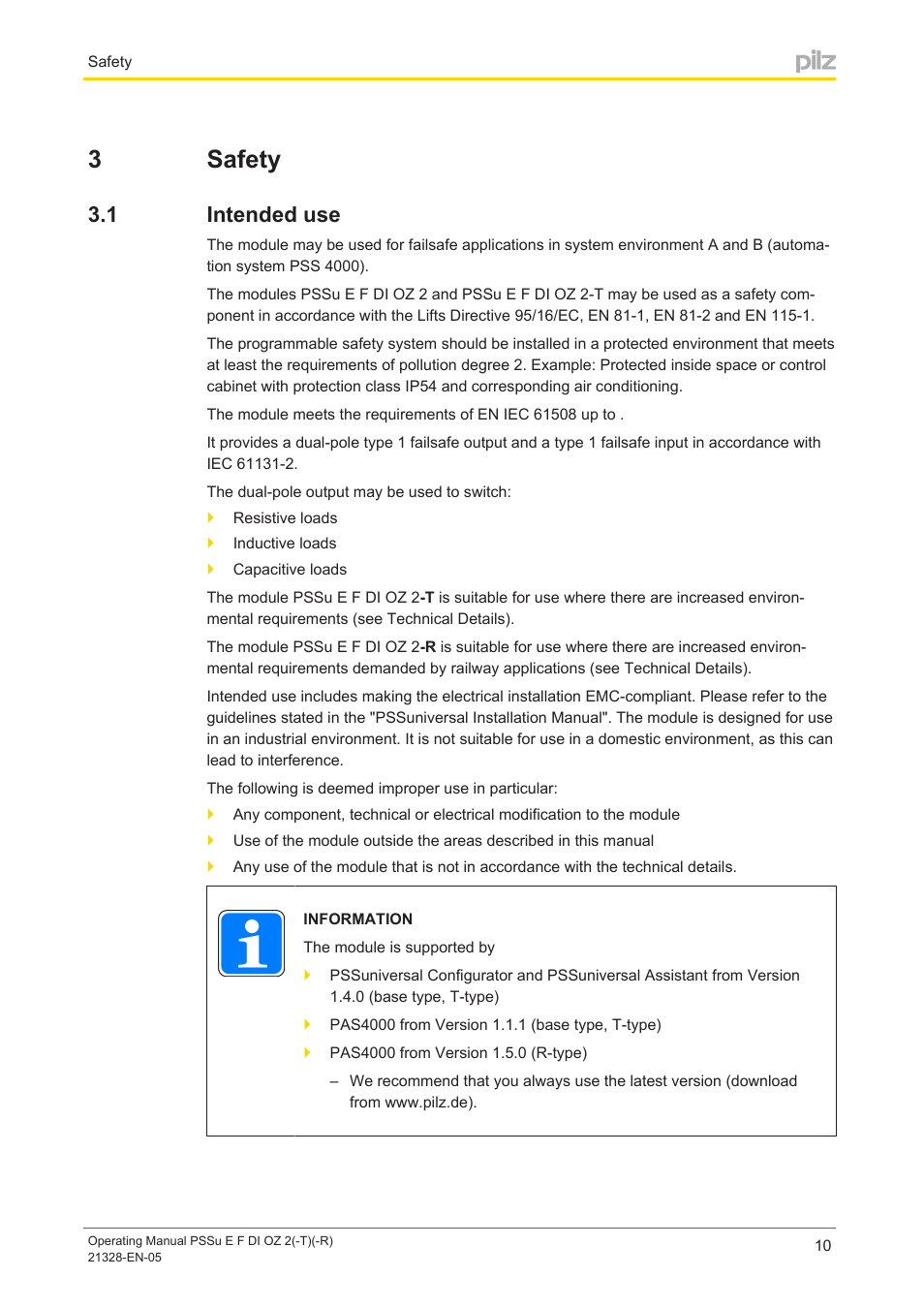 3 safety, 1 intended use, Section 3 | Safety, Intended use, 3safety | Pilz PSSu E F DI OZ 2 User Manual | Page 10 / 37
