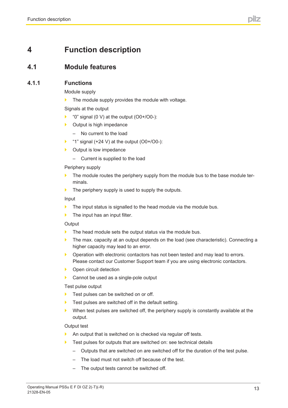 4 function description, 1 module features, 1 functions | Section 4, Function description, Module features, Functions, 4function description | Pilz PSSu E F DI OZ 2 User Manual | Page 13 / 37