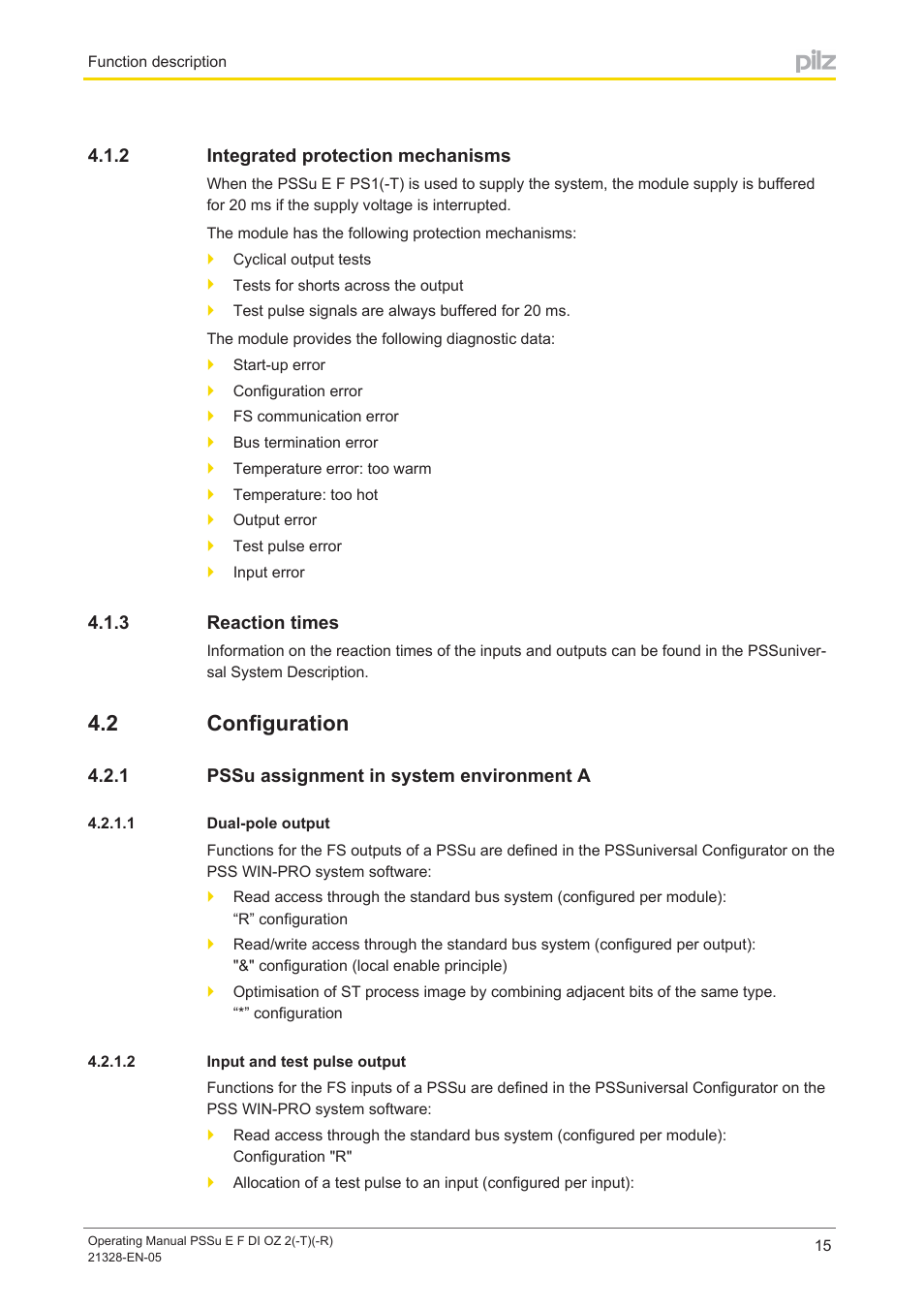 2 integrated protection mechanisms, 3 reaction times, 2 configuration | 1 pssu assignment in system environment a, 1 dual-pole output, 2 input and test pulse output, Integrated protection mechanisms, Reaction times, Configuration, Pssu assignment in system environment a | Pilz PSSu E F DI OZ 2 User Manual | Page 15 / 37