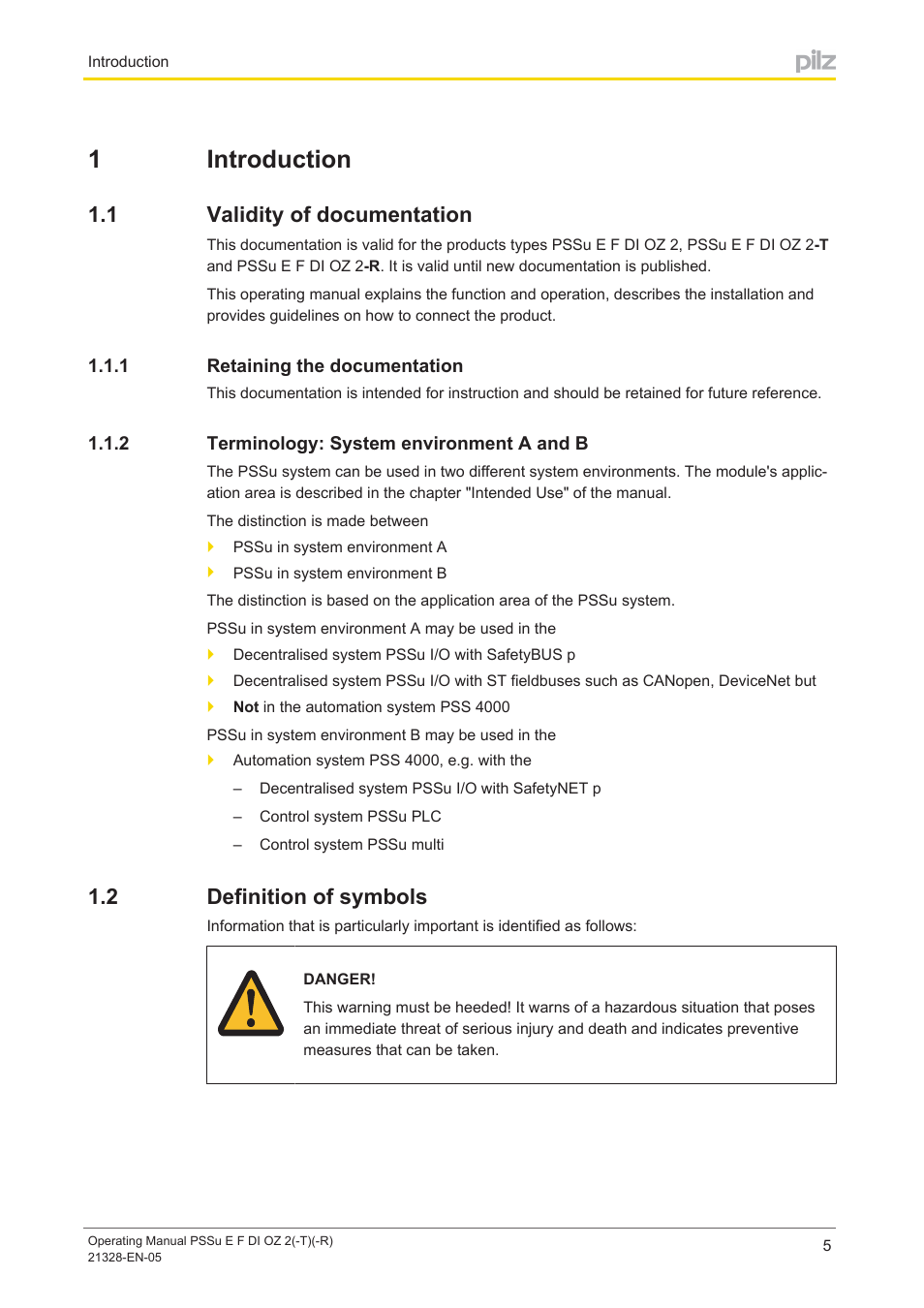 1 introduction, 1 validity of documentation, 1 retaining the documentation | 2 terminology: system environment a and b, 2 definition of symbols, Section 1, Introduction, Validity of documentation, Retaining the documentation, Terminology: system environment a and b | Pilz PSSu E F DI OZ 2 User Manual | Page 5 / 37