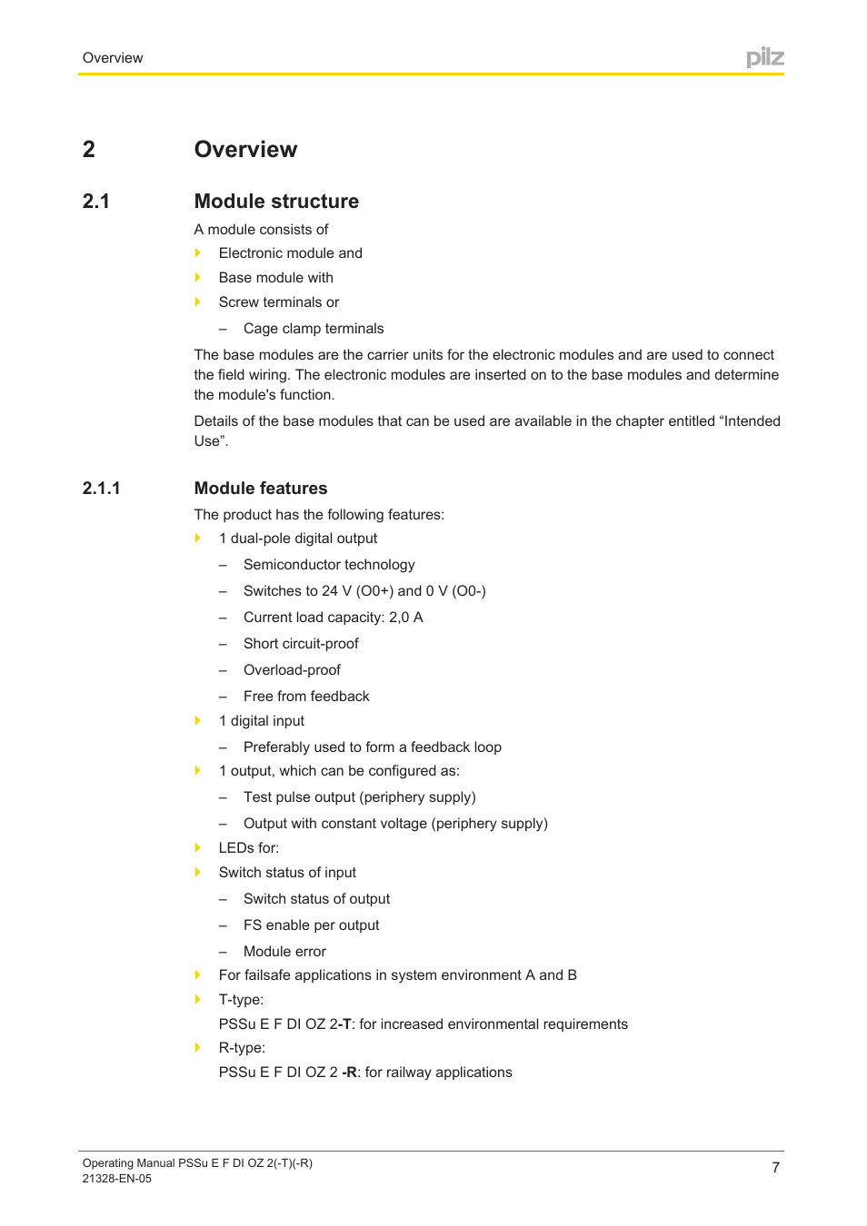 2 overview, 1 module structure, 1 module features | Section 2, Overview, Module structure, Module features, 2overview | Pilz PSSu E F DI OZ 2 User Manual | Page 7 / 37