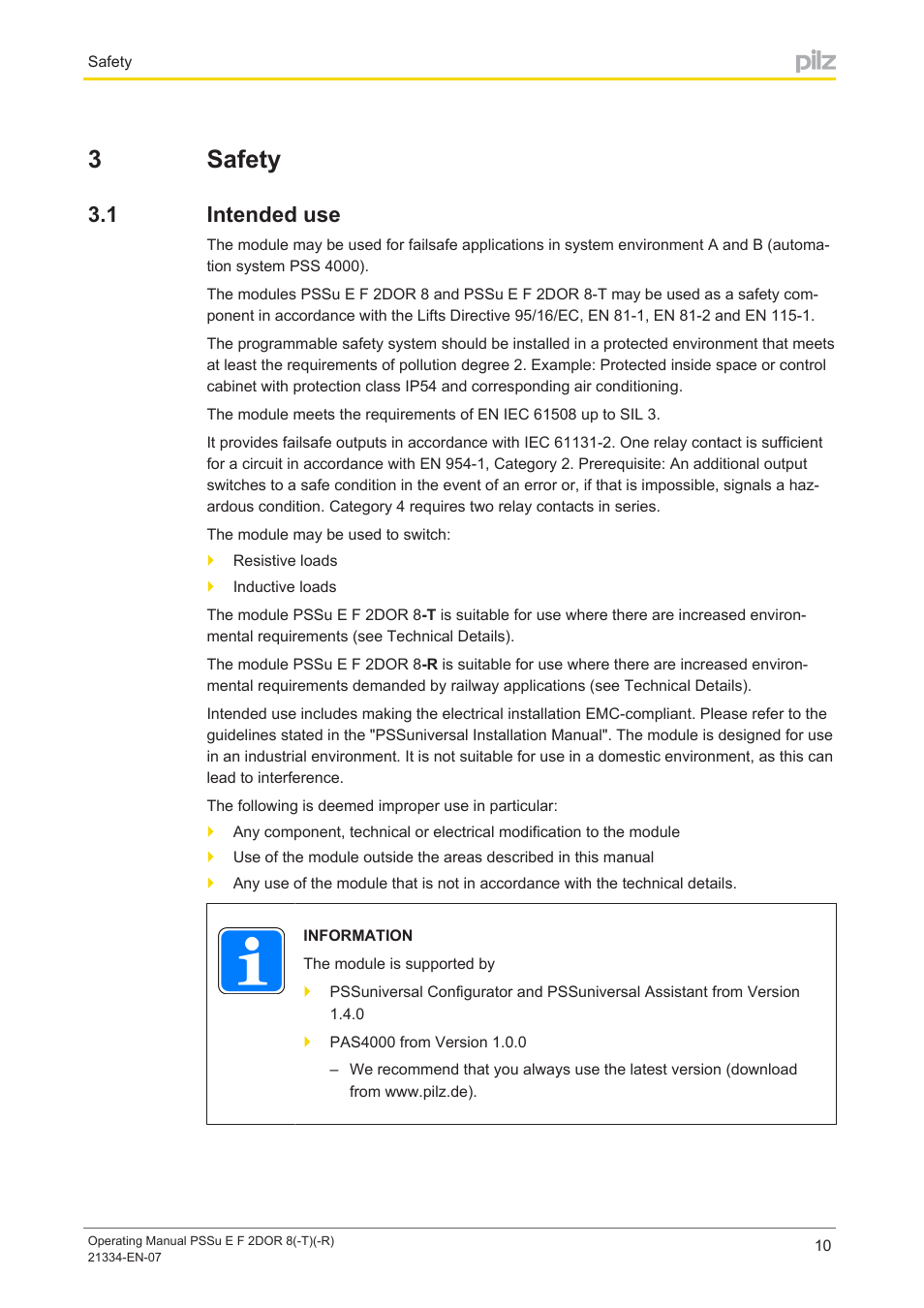 3 safety, 1 intended use, Section 3 | Safety, Intended use, 3safety | Pilz PSSu E F 2DOR 8 User Manual | Page 10 / 36
