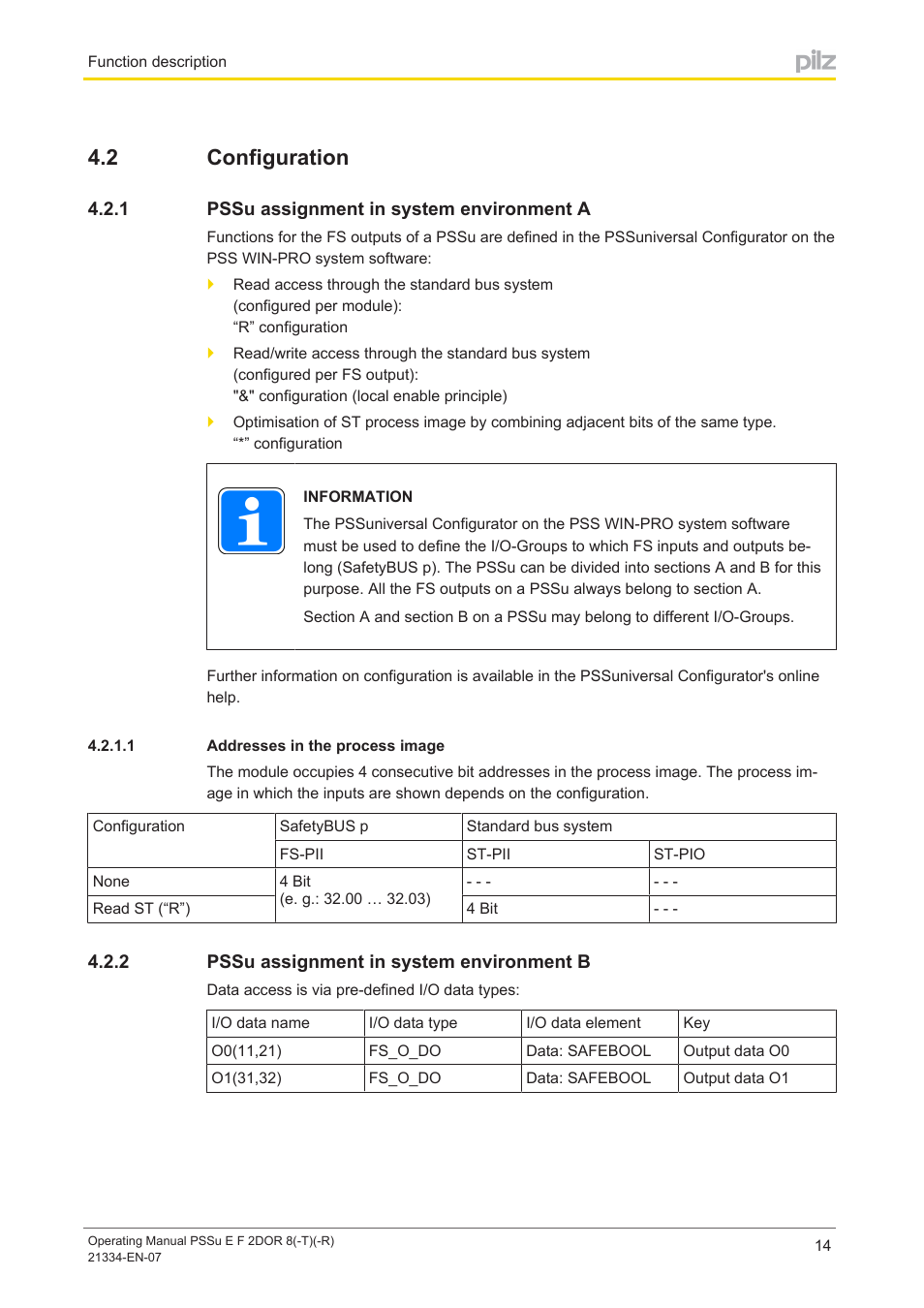 2 configuration, 1 pssu assignment in system environment a, 1 addresses in the process image | 2 pssu assignment in system environment b, Configuration, Pssu assignment in system environment a, Addresses in the process image, Pssu assignment in system environment b | Pilz PSSu E F 2DOR 8 User Manual | Page 14 / 36