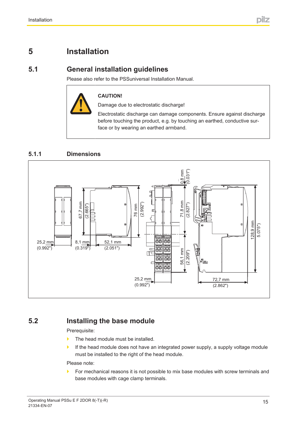 5 installation, 1 general installation guidelines, 1 dimensions | 2 installing the base module, Section 5, Installation, General installation guidelines, Dimensions, Installing the base module, 5installation | Pilz PSSu E F 2DOR 8 User Manual | Page 15 / 36