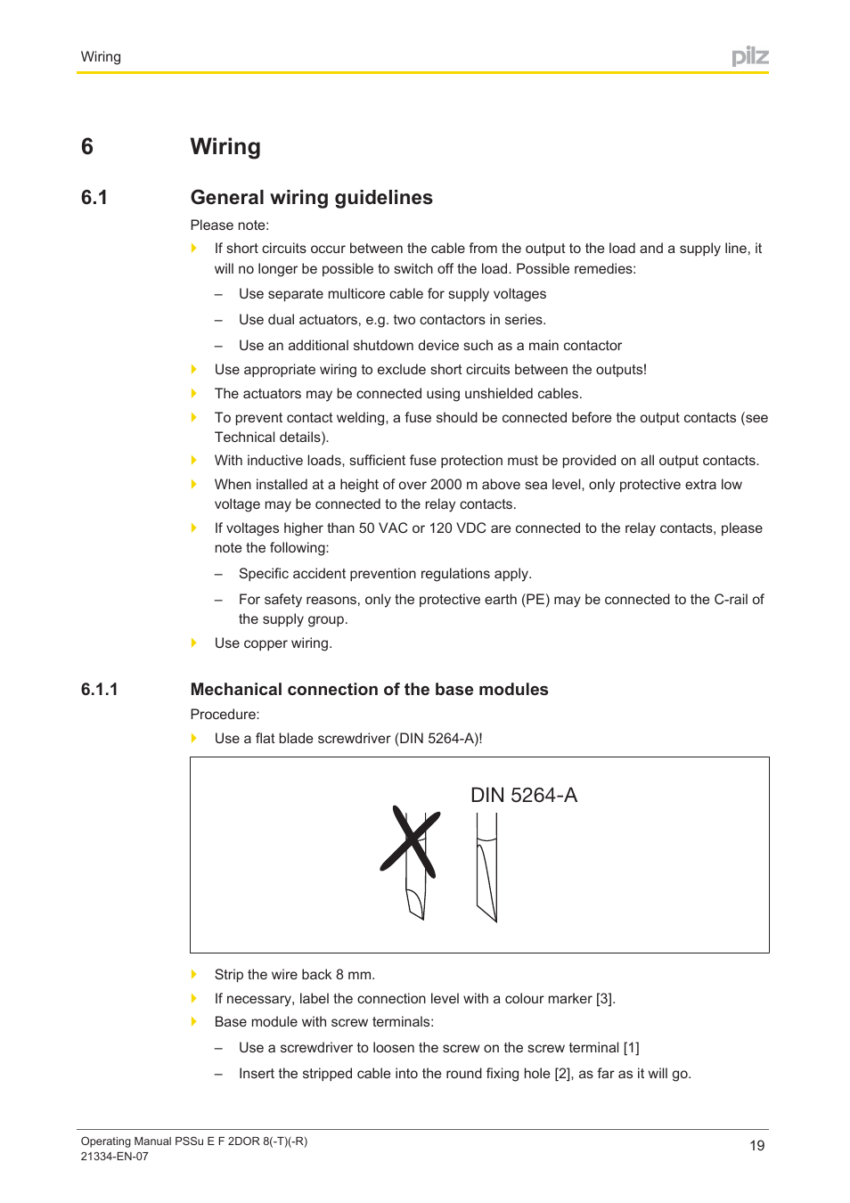 6 wiring, 1 general wiring guidelines, 1 mechanical connection of the base modules | Section 6, Wiring, General wiring guidelines, Mechanical connection of the base modules, 6wiring, Din 5264-a | Pilz PSSu E F 2DOR 8 User Manual | Page 19 / 36