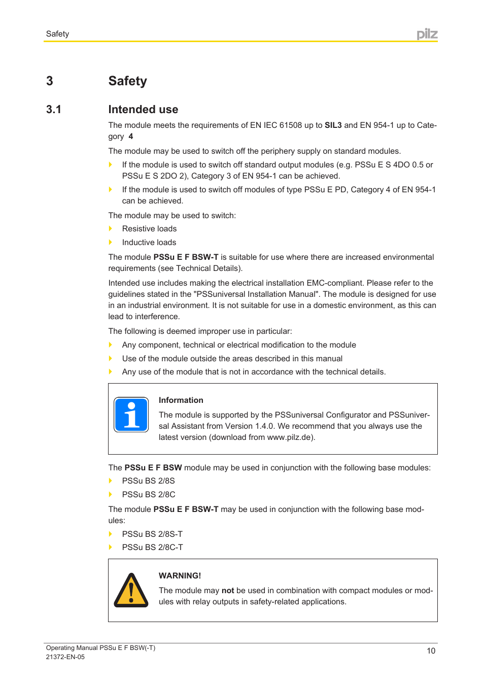 3 safety, 1 intended use, Section 3 | Safety, Intended use | Pilz PSSu E F BSW User Manual | Page 10 / 34