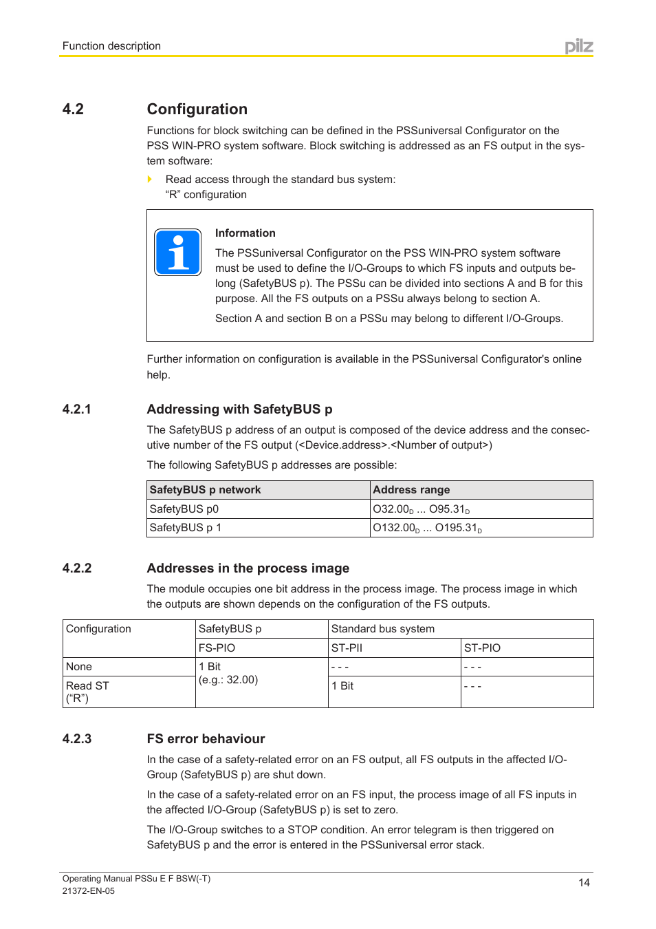 2 configuration, 1 addressing with safetybus p, 2 addresses in the process image | 3 fs error behaviour, Configuration, Addressing with safetybus p, Addresses in the process image, Fs error behaviour | Pilz PSSu E F BSW User Manual | Page 14 / 34