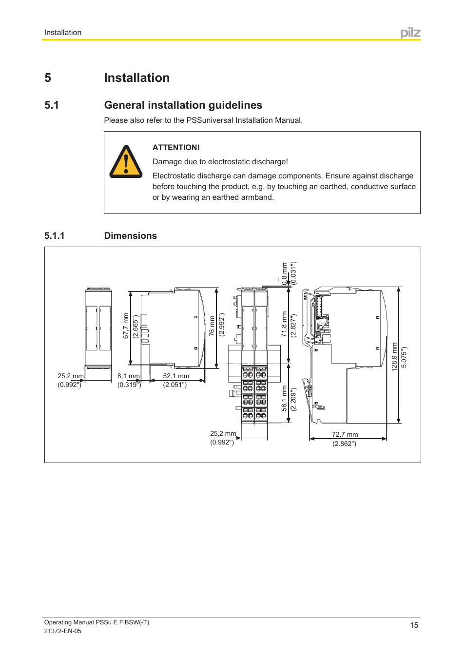 5 installation, 1 general installation guidelines, 1 dimensions | Section 5, Installation, General installation guidelines, Dimensions | Pilz PSSu E F BSW User Manual | Page 15 / 34