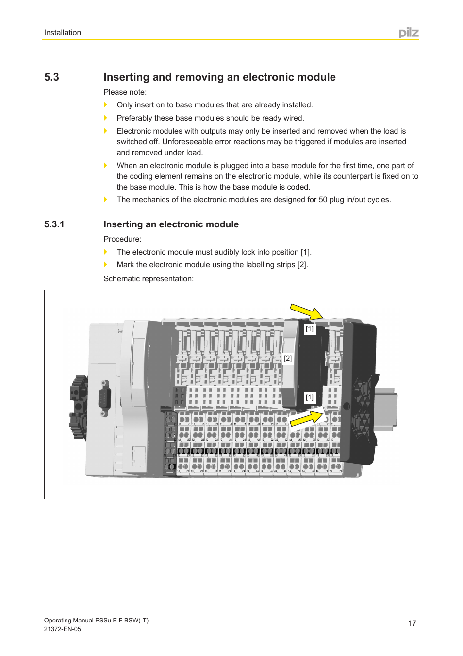 3 inserting and removing an electronic module, 1 inserting an electronic module, Inserting and removing an electronic module | Inserting an electronic module | Pilz PSSu E F BSW User Manual | Page 17 / 34