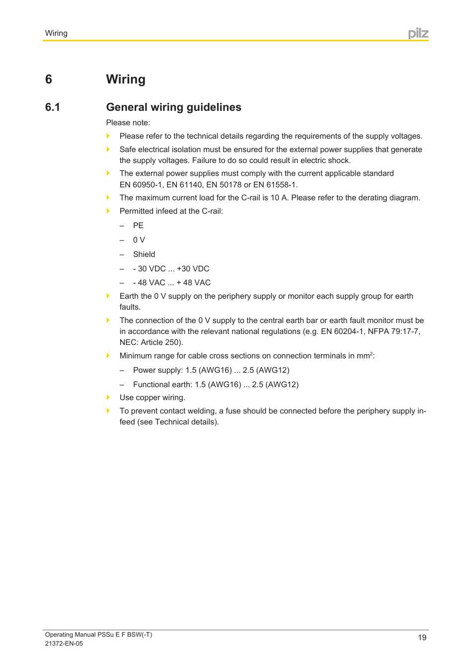 6 wiring, 1 general wiring guidelines, Section 6 | Wiring, General wiring guidelines | Pilz PSSu E F BSW User Manual | Page 19 / 34