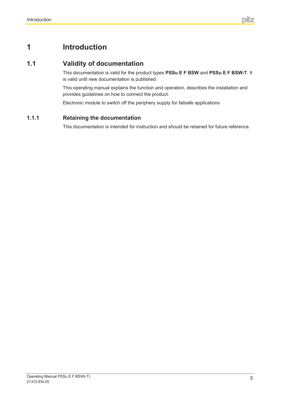 1 introduction, 1 validity of documentation, 1 retaining the documentation | Section 1, Introduction, Validity of documentation, Retaining the documentation | Pilz PSSu E F BSW User Manual | Page 5 / 34