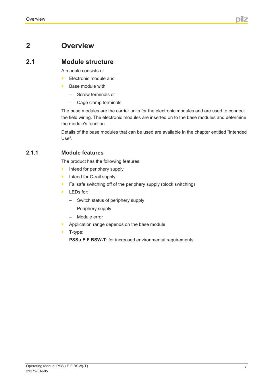 2 overview, 1 module structure, 1 module features | Section 2, Overview, Module structure, Module features | Pilz PSSu E F BSW User Manual | Page 7 / 34