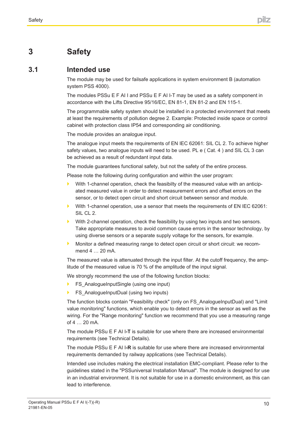 3 safety, 1 intended use, Section 3 | Safety, Intended use, 3safety | Pilz PSSu E F AI I User Manual | Page 10 / 35