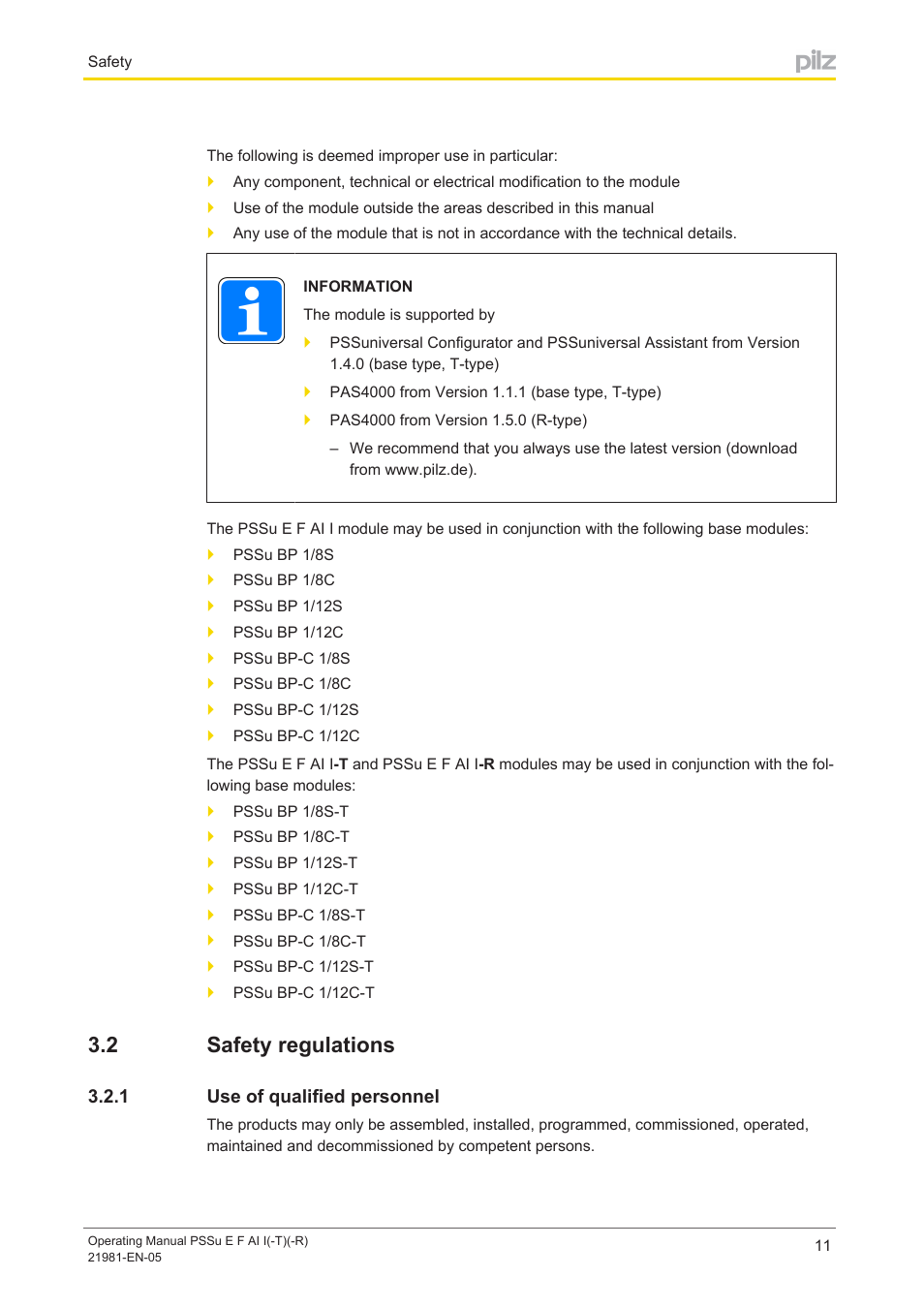 2 safety regulations, 1 use of qualified personnel, Safety regulations | Use of qualified personnel | Pilz PSSu E F AI I User Manual | Page 11 / 35