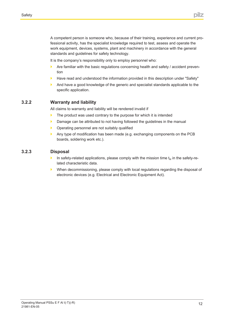 2 warranty and liability, 3 disposal, Warranty and liability | Disposal | Pilz PSSu E F AI I User Manual | Page 12 / 35