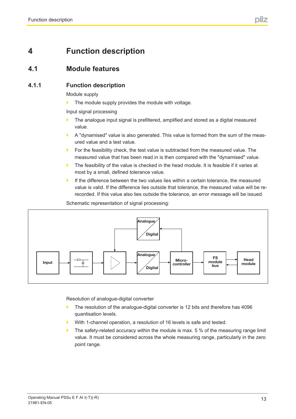 4 function description, 1 module features, 1 function description | Section 4, Function description, Module features, 4function description | Pilz PSSu E F AI I User Manual | Page 13 / 35