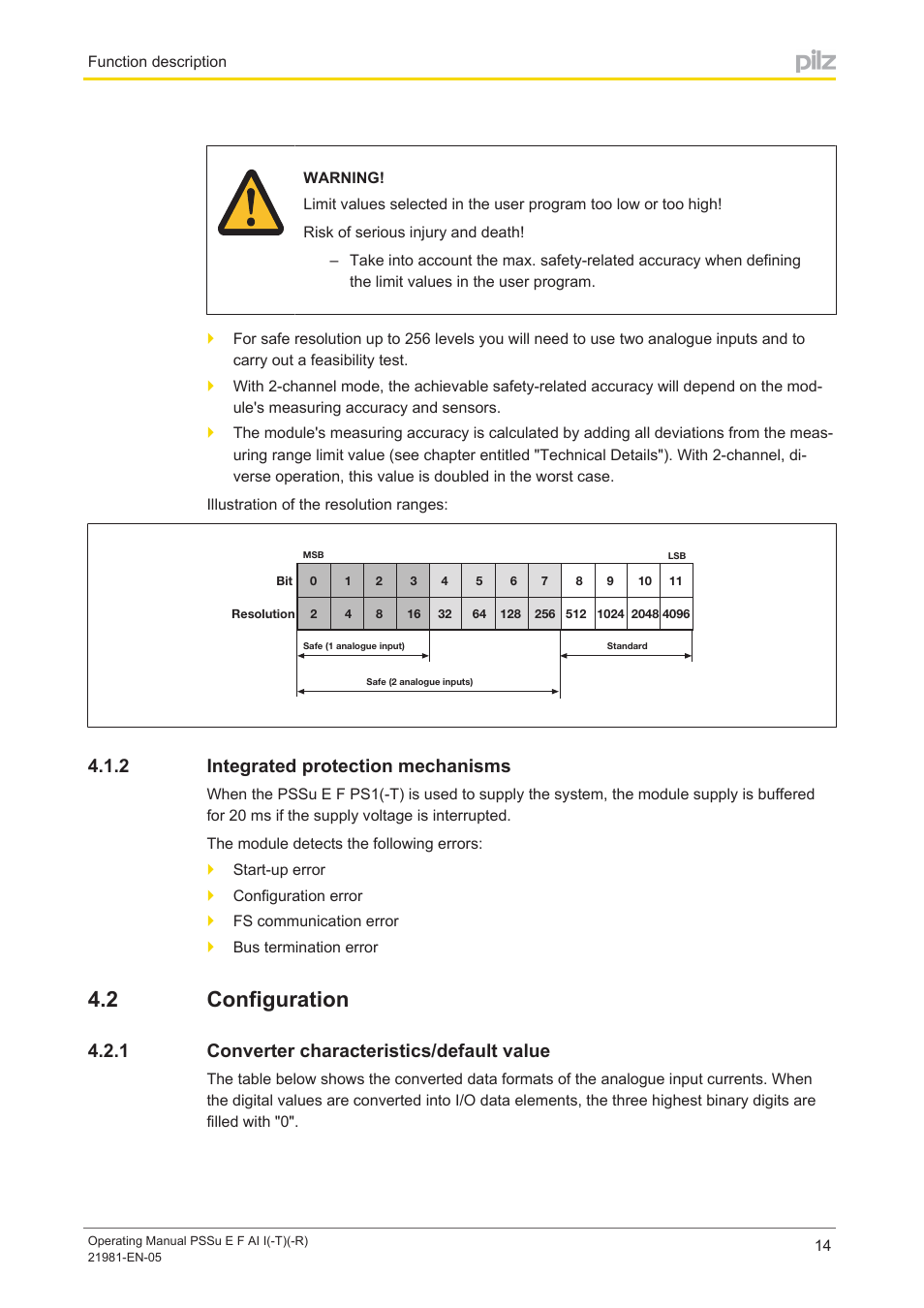 2 integrated protection mechanisms, 2 configuration, 1 converter characteristics/default value | Integrated protection mechanisms, Configuration, Converter characteristics/default value | Pilz PSSu E F AI I User Manual | Page 14 / 35