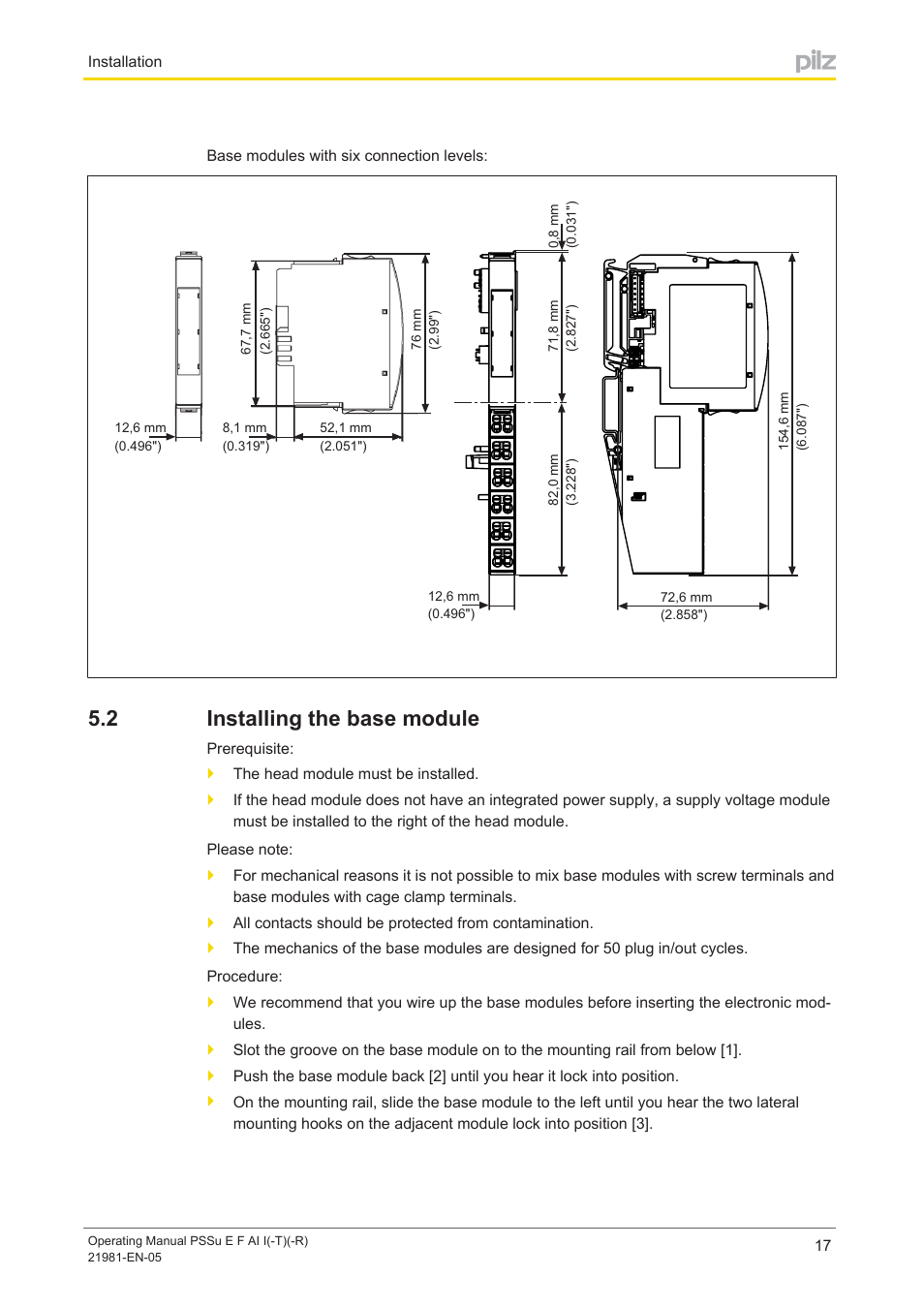 2 installing the base module, Installing the base module | Pilz PSSu E F AI I User Manual | Page 17 / 35