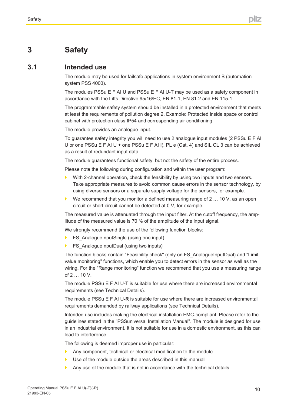 3 safety, 1 intended use, Section 3 | Safety, Intended use, 3safety | Pilz PSSu E F AI U User Manual | Page 10 / 35