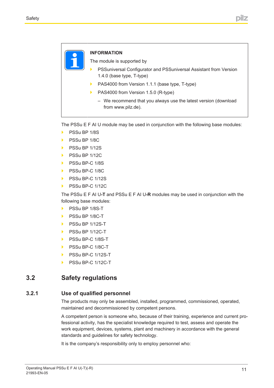2 safety regulations, 1 use of qualified personnel, Safety regulations | Use of qualified personnel | Pilz PSSu E F AI U User Manual | Page 11 / 35