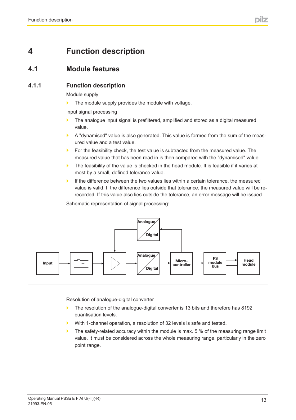 4 function description, 1 module features, 1 function description | Section 4, Function description, Module features, 4function description | Pilz PSSu E F AI U User Manual | Page 13 / 35