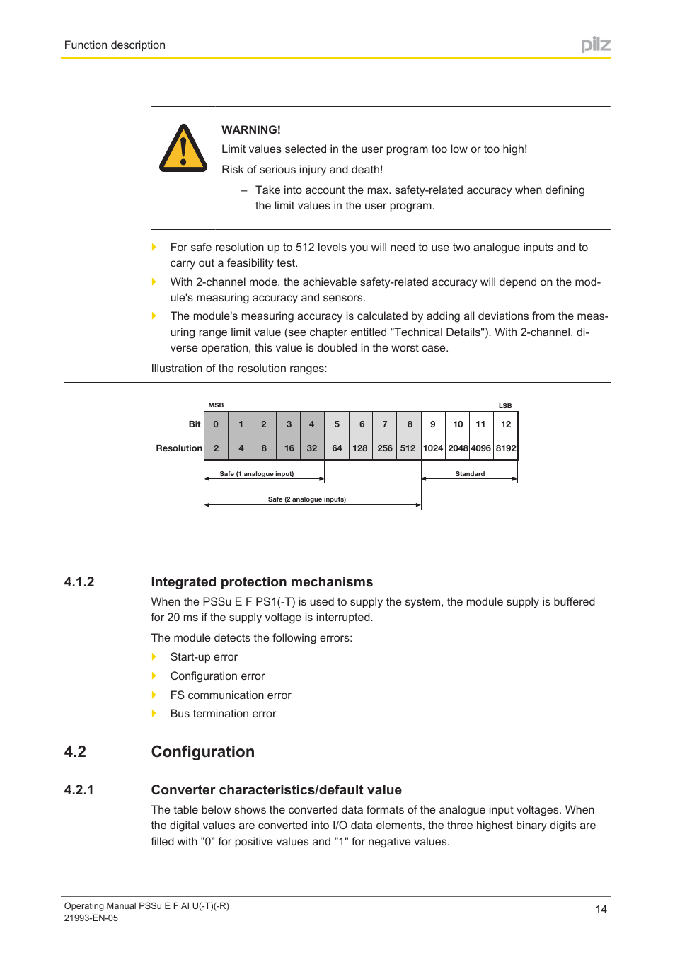2 integrated protection mechanisms, 2 configuration, 1 converter characteristics/default value | Integrated protection mechanisms, Configuration, Converter characteristics/default value | Pilz PSSu E F AI U User Manual | Page 14 / 35