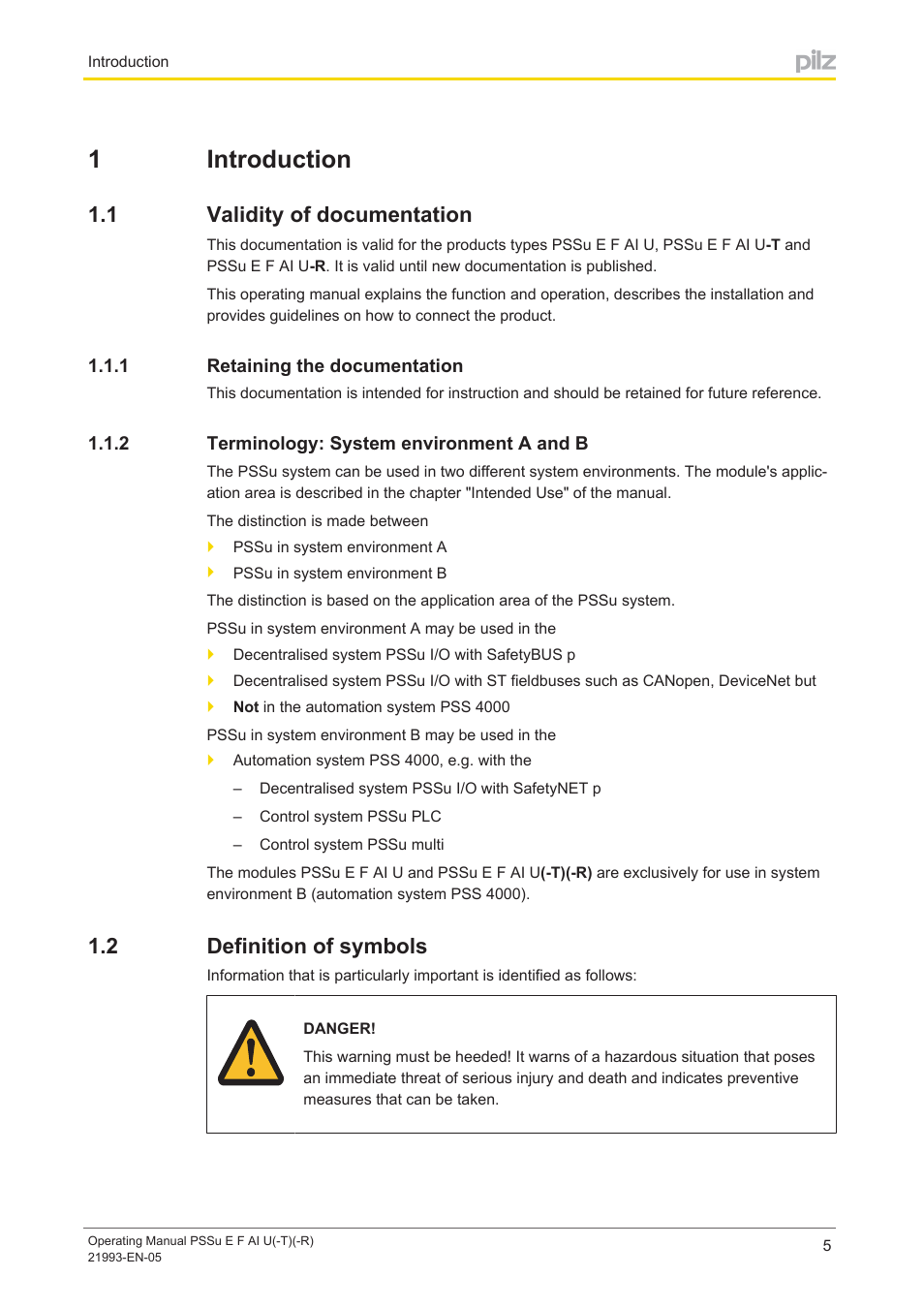 1 introduction, 1 validity of documentation, 1 retaining the documentation | 2 terminology: system environment a and b, 2 definition of symbols, Section 1, Introduction, Validity of documentation, Retaining the documentation, Terminology: system environment a and b | Pilz PSSu E F AI U User Manual | Page 5 / 35