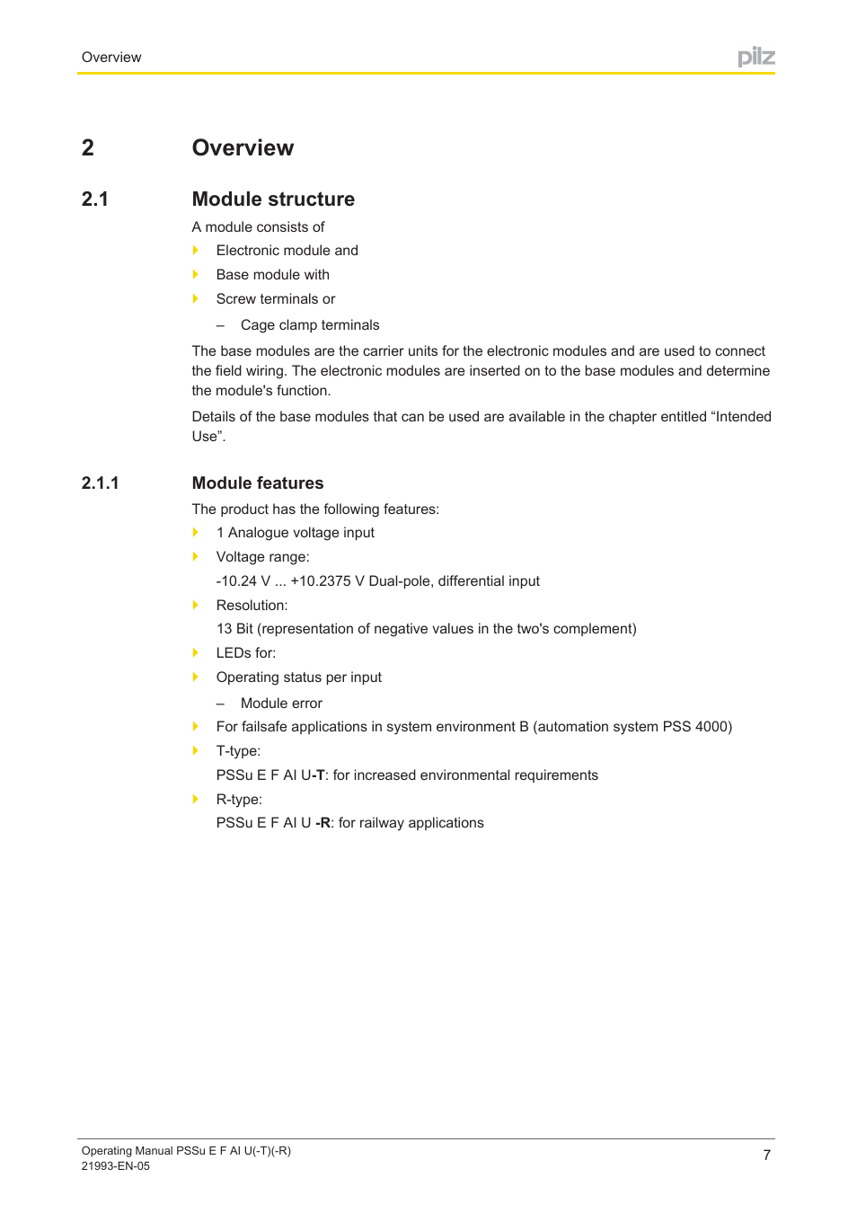 2 overview, 1 module structure, 1 module features | Section 2, Overview, Module structure, Module features, 2overview | Pilz PSSu E F AI U User Manual | Page 7 / 35