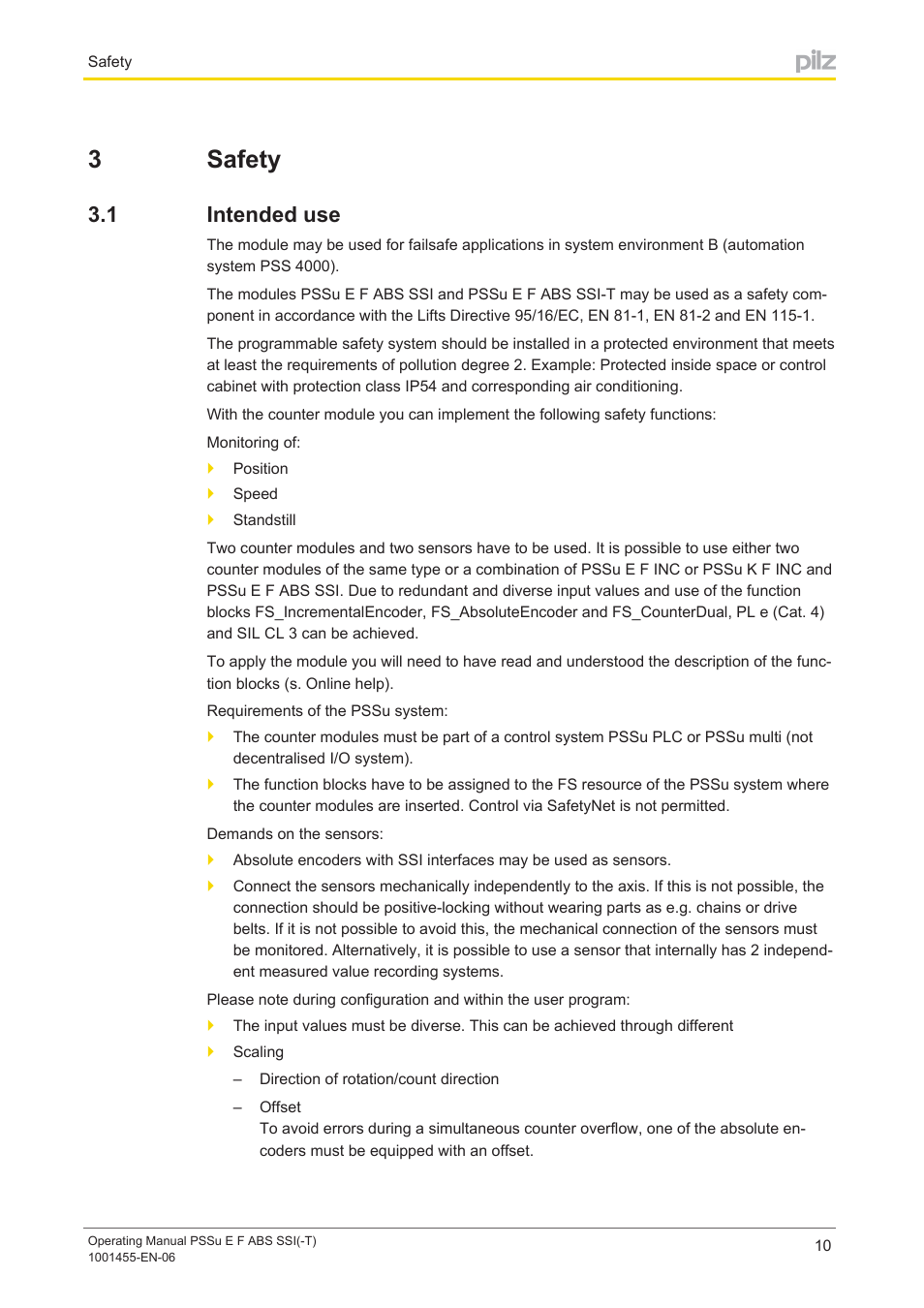 3 safety, 1 intended use, Section 3 | Safety, Intended use, 3safety | Pilz PSSu E F ABS SSI User Manual | Page 10 / 33