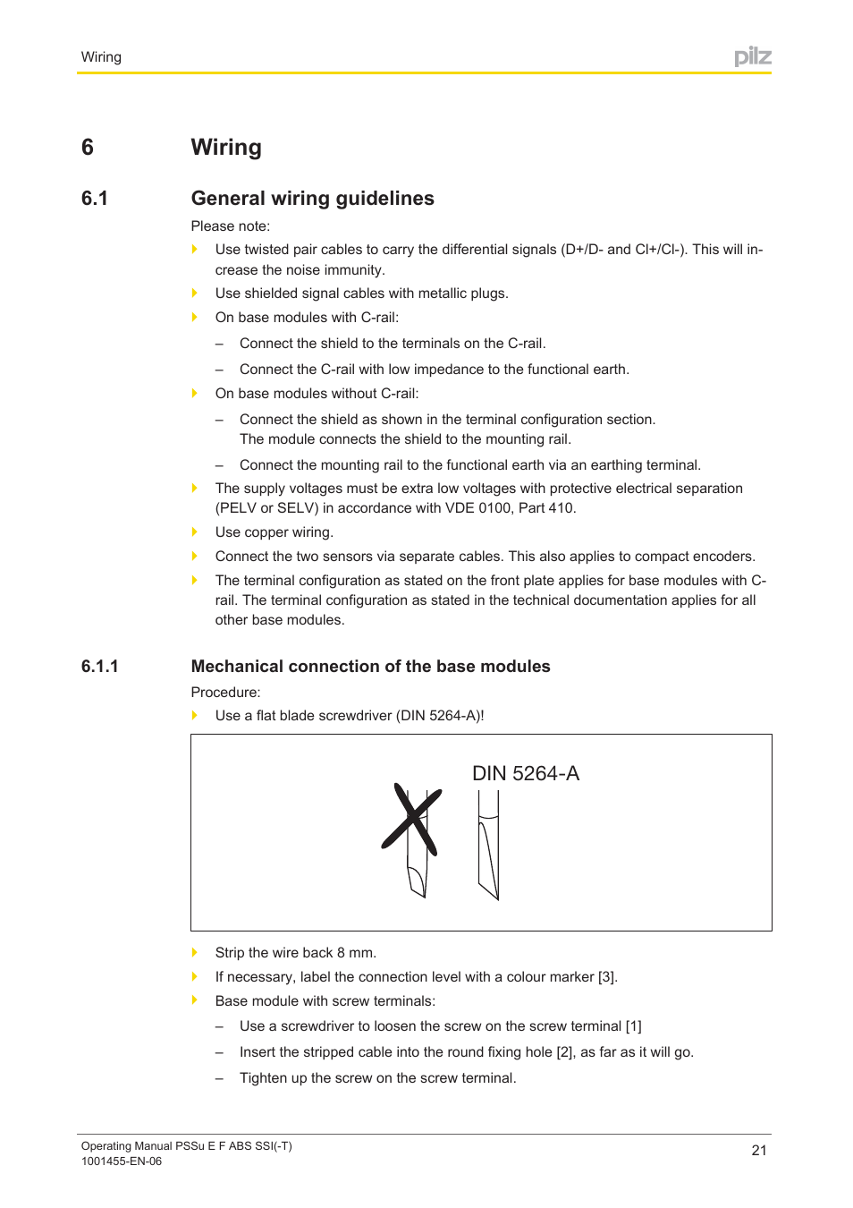 6 wiring, 1 general wiring guidelines, 1 mechanical connection of the base modules | Section 6, Wiring, General wiring guidelines, Mechanical connection of the base modules, 6wiring, Din 5264-a | Pilz PSSu E F ABS SSI User Manual | Page 21 / 33