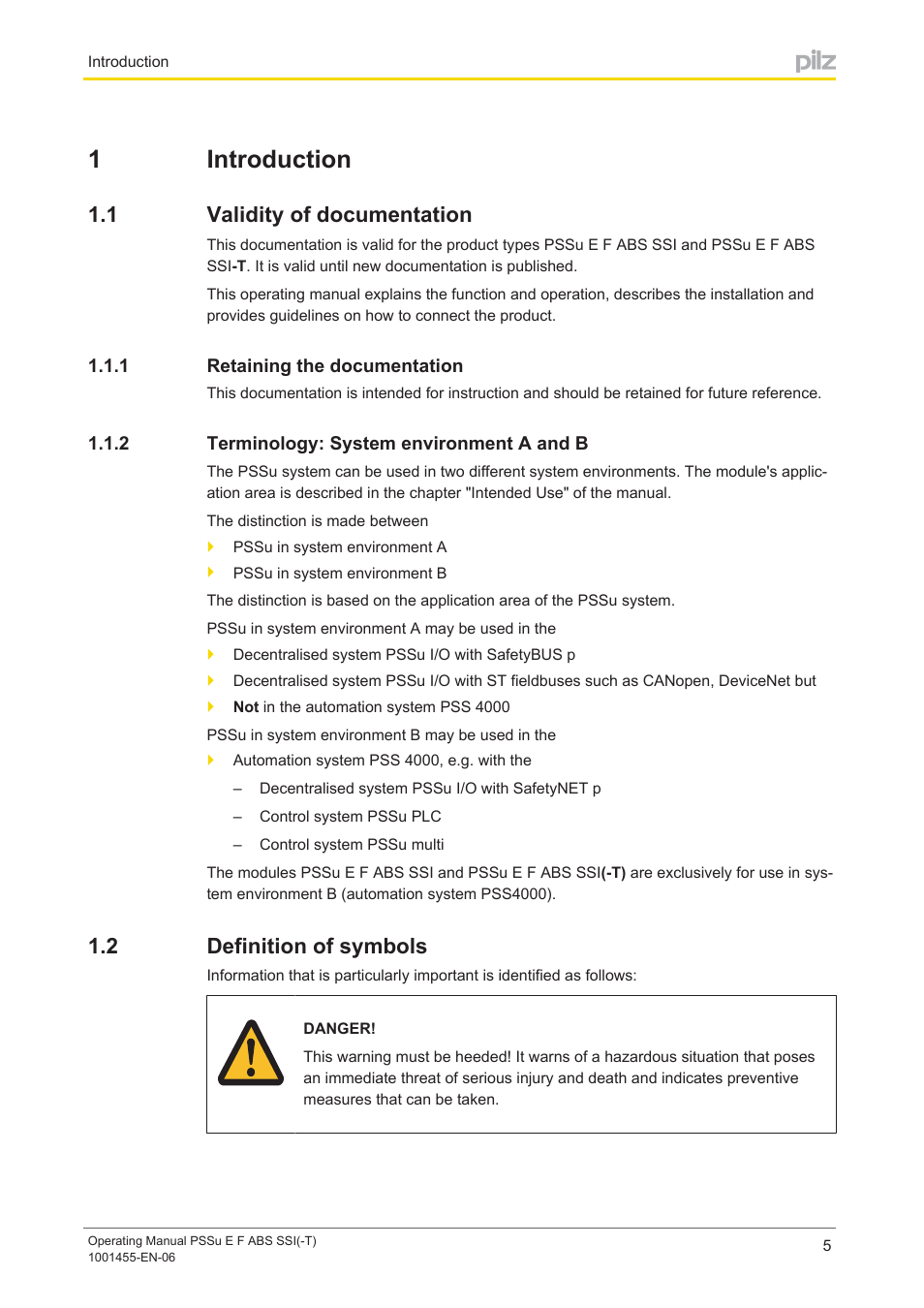 1 introduction, 1 validity of documentation, 1 retaining the documentation | 2 terminology: system environment a and b, 2 definition of symbols, Section 1, Introduction, Validity of documentation, Retaining the documentation, Terminology: system environment a and b | Pilz PSSu E F ABS SSI User Manual | Page 5 / 33