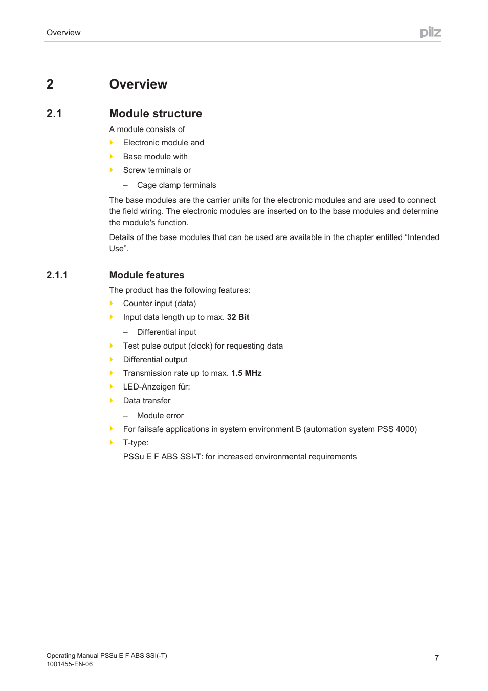 2 overview, 1 module structure, 1 module features | Section 2, Overview, Module structure, Module features, 2overview | Pilz PSSu E F ABS SSI User Manual | Page 7 / 33
