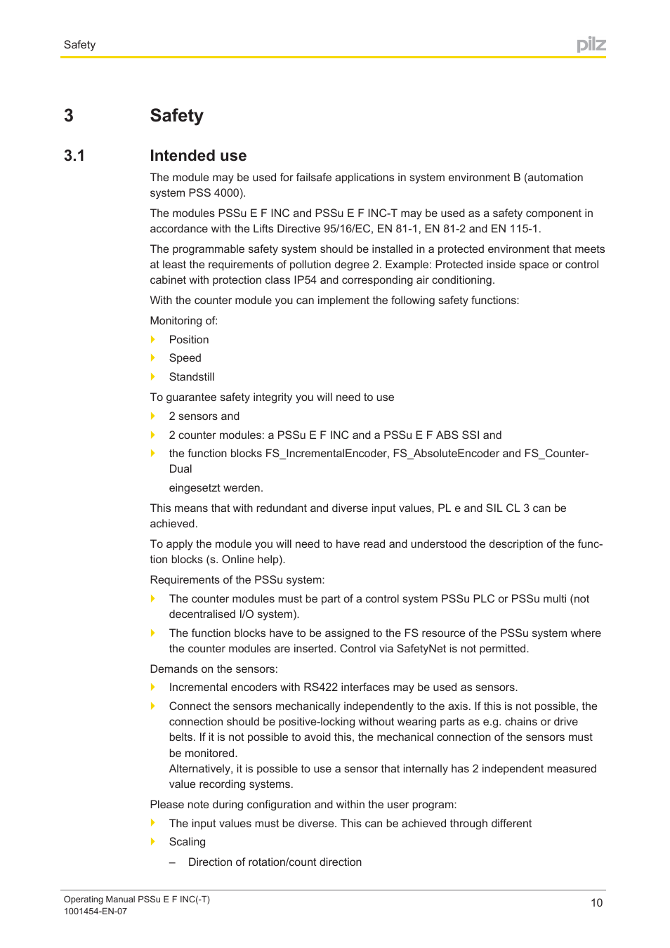 3 safety, 1 intended use, Section 3 | Safety, Intended use, 3safety | Pilz PSSu E F INC User Manual | Page 10 / 41