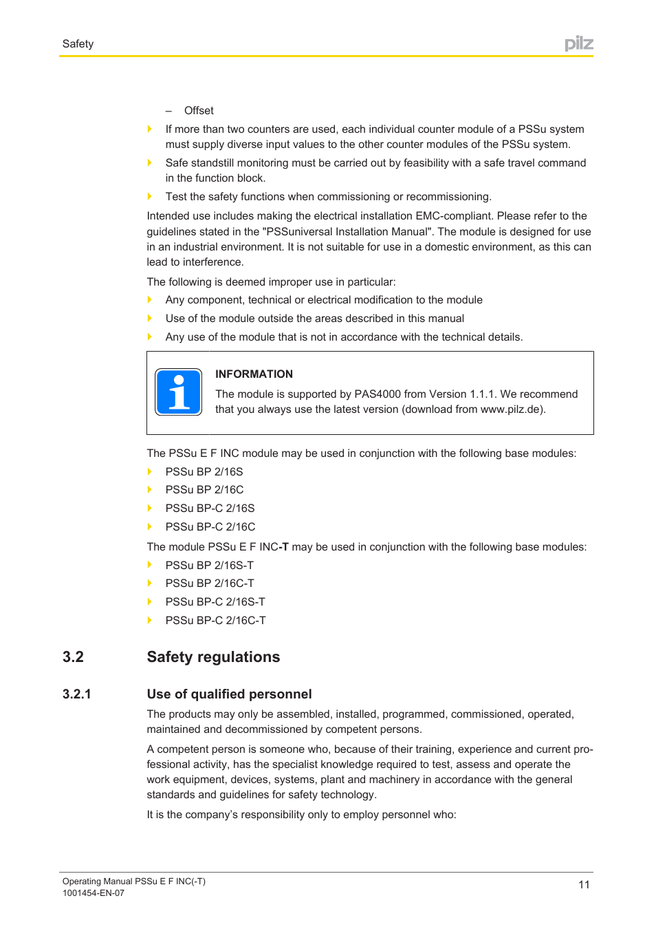 2 safety regulations, 1 use of qualified personnel, Safety regulations | Use of qualified personnel | Pilz PSSu E F INC User Manual | Page 11 / 41