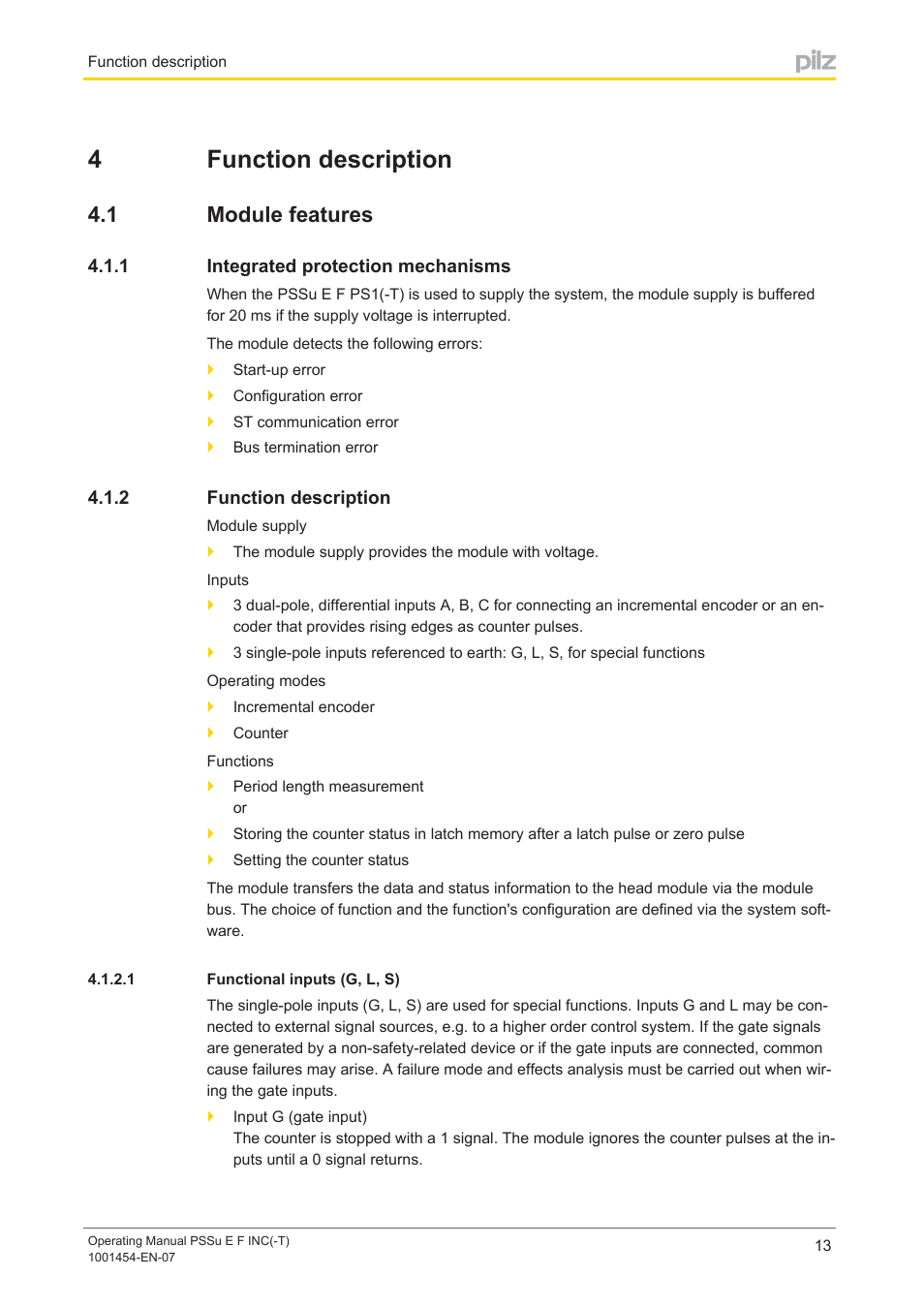 4 function description, 1 module features, 1 integrated protection mechanisms | 2 function description, 1 functional inputs (g, l, s), Section 4, Function description, Module features, Integrated protection mechanisms, Functional inputs (g, l, s) | Pilz PSSu E F INC User Manual | Page 13 / 41