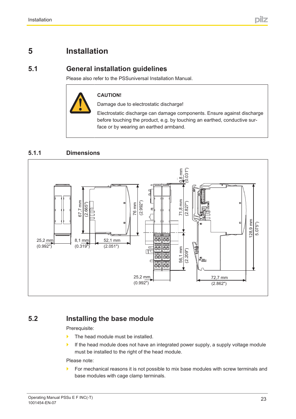 5 installation, 1 general installation guidelines, 1 dimensions | 2 installing the base module, Section 5, Installation, General installation guidelines, Dimensions, Installing the base module, 5installation | Pilz PSSu E F INC User Manual | Page 23 / 41