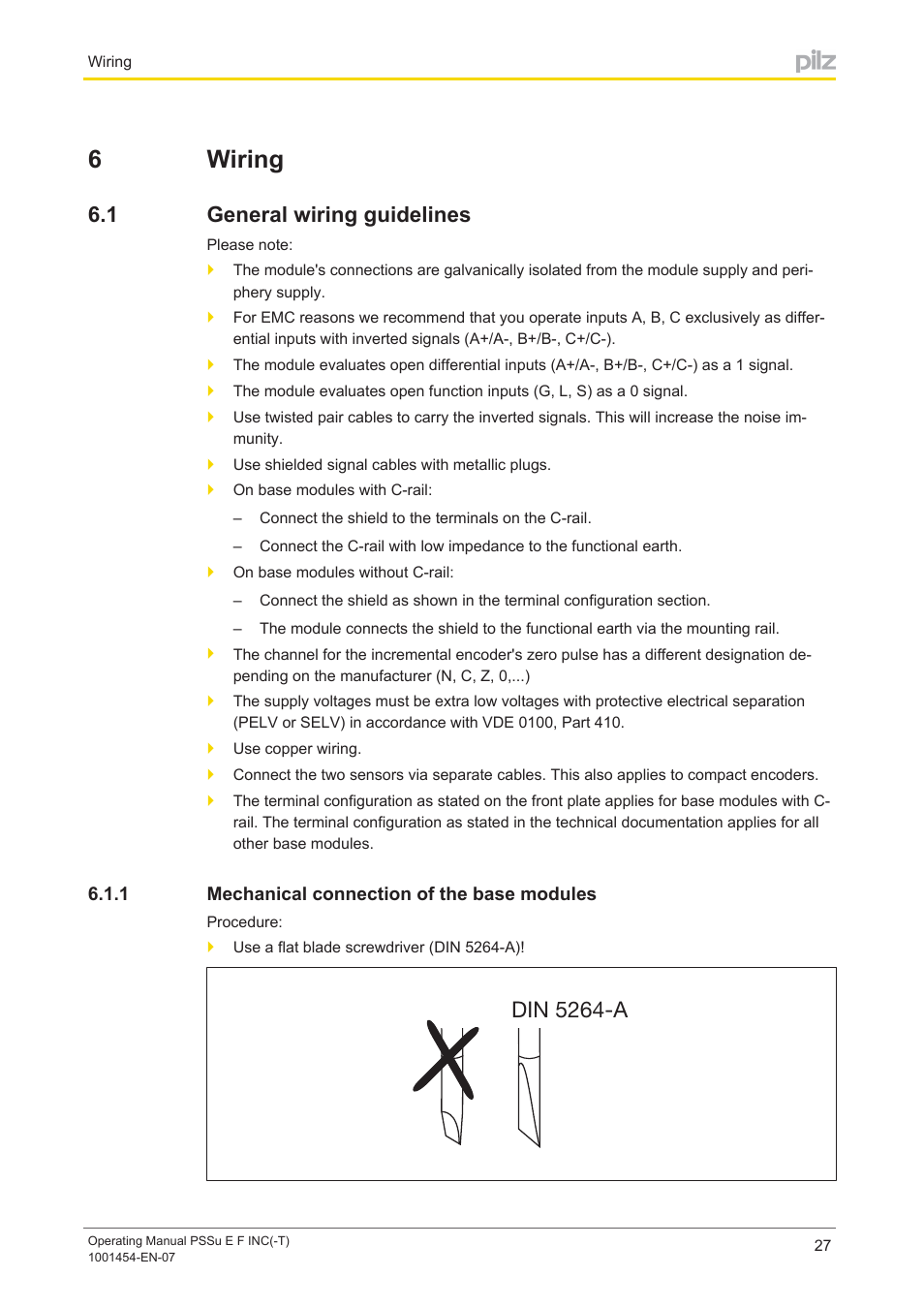 6 wiring, 1 general wiring guidelines, 1 mechanical connection of the base modules | Section 6, Wiring, General wiring guidelines, Mechanical connection of the base modules, 6wiring, Din 5264-a | Pilz PSSu E F INC User Manual | Page 27 / 41