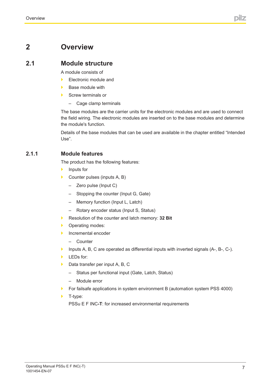 2 overview, 1 module structure, 1 module features | Section 2, Overview, Module structure, Module features, 2overview | Pilz PSSu E F INC User Manual | Page 7 / 41