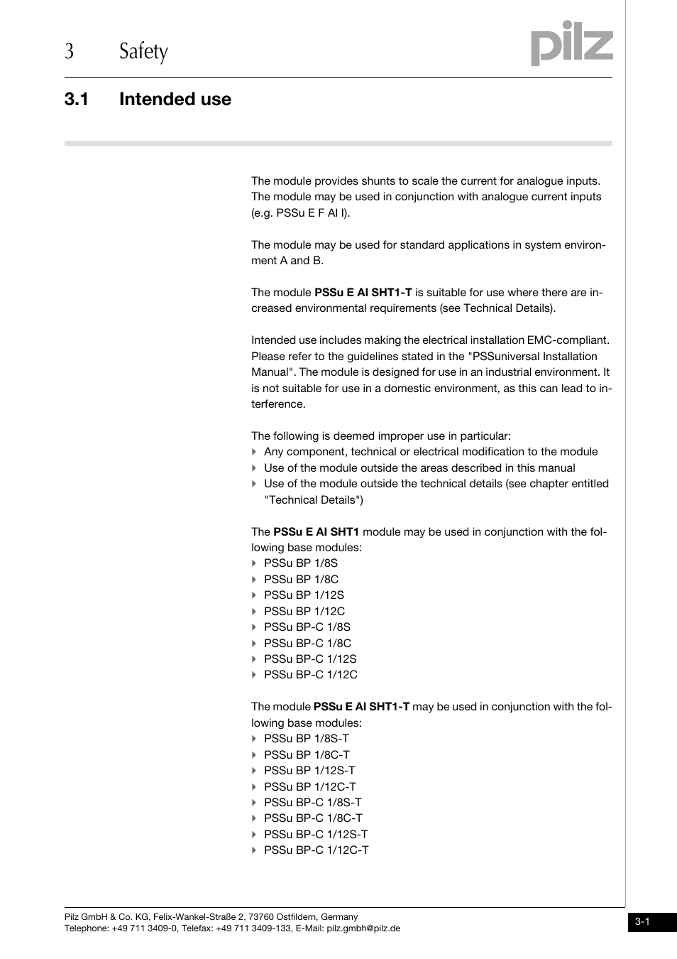 Safety, Intended use, 3safety | 1 intended use | Pilz PSSu E AI SHT1 User Manual | Page 13 / 33
