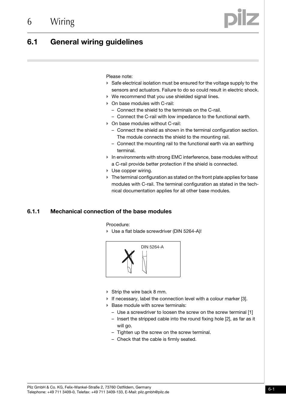 Wiring, General wiring guidelines, Mechanical connection of the base modules | 6wiring, 1 general wiring guidelines, 1 mechanical connection of the base modules | Pilz PSSu E AI SHT1 User Manual | Page 23 / 33